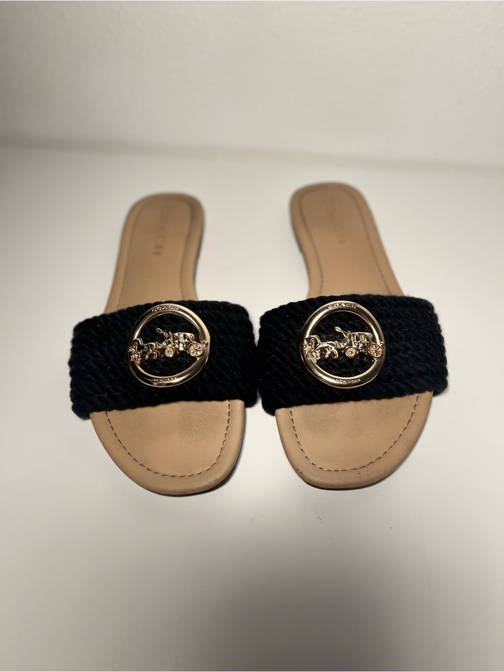 Coach Black Slide Sandals with Gold Logo Medallions